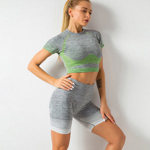 Seamless Short Sleeve Stripe Gym Set Cropped Top Yoga Set ( 2 Pieces )