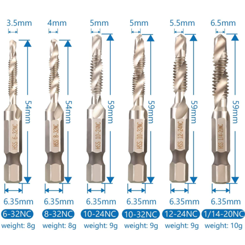 6 Piece Metric Thread Tap Drill Bits Set